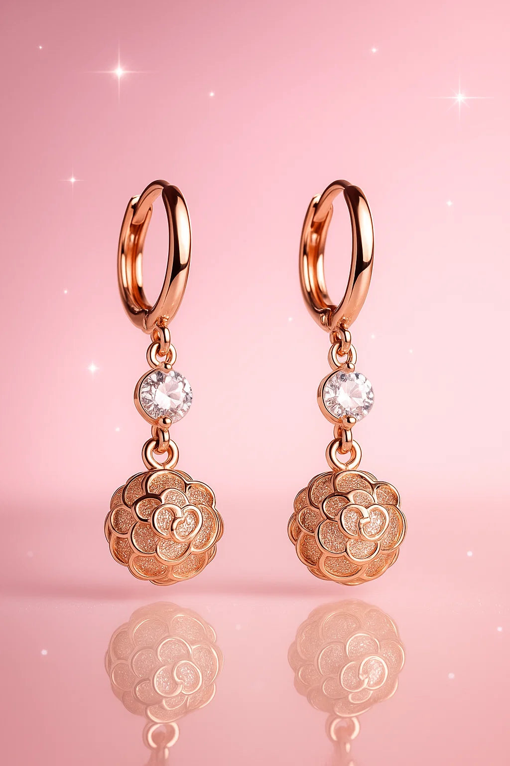 Rose Gold Floral Drop Earrings with Sparkling Stone Accents - Venoria