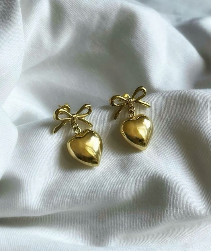 Golden Bow & Heart Drop Earrings   Cute & Elegant Statement Jewelry - Venoria