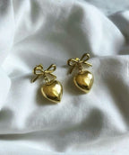 Golden Bow & Heart Drop Earrings   Cute & Elegant Statement Jewelry - Venoria