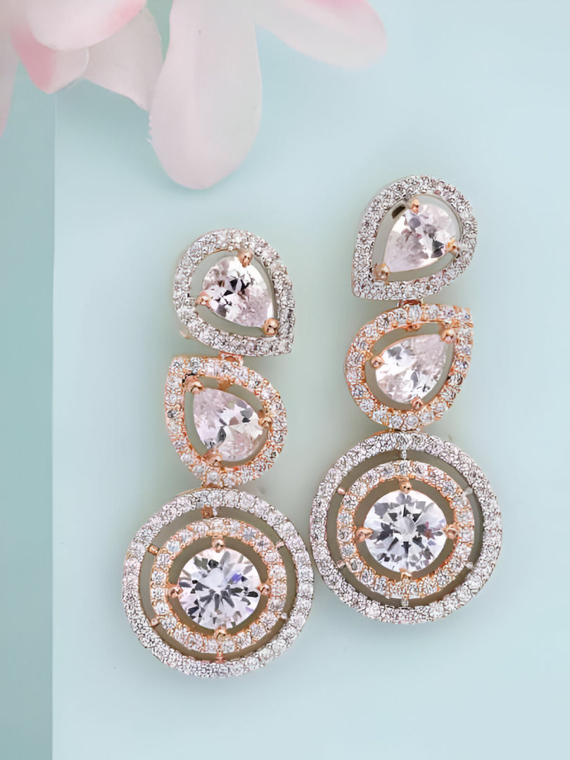 Luxury Halo Drop Earrings with Sparkling Cubic Zirconia in Dual-Tone Finish - Venoria