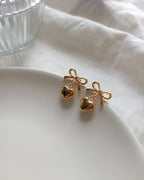 Golden Bow & Heart Drop Earrings   Cute & Elegant Statement Jewelry - Venoria