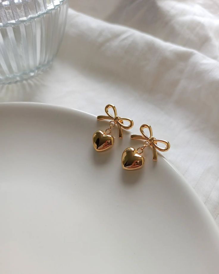 Golden Bow & Heart Drop Earrings   Cute & Elegant Statement Jewelry - Venoria