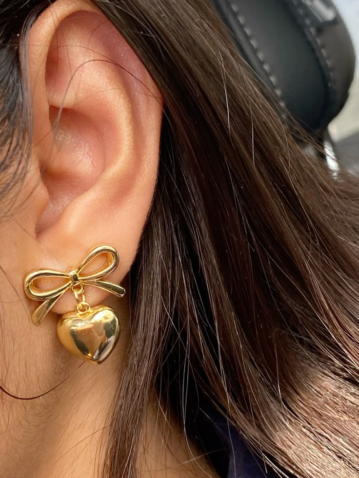 Golden Bow & Heart Drop Earrings   Cute & Elegant Statement Jewelry - Venoria