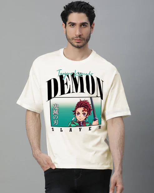 Demon Slayer Tanjiro Oversized T-Shirt – Anime Graphic Tee (Unisex Cream Cotton) Venoria