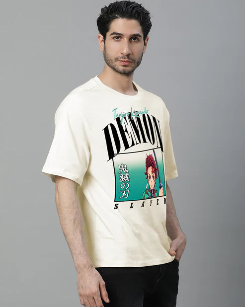 Demon Slayer Tanjiro Oversized T-Shirt – Anime Graphic Tee (Unisex Cream Cotton) Venoria