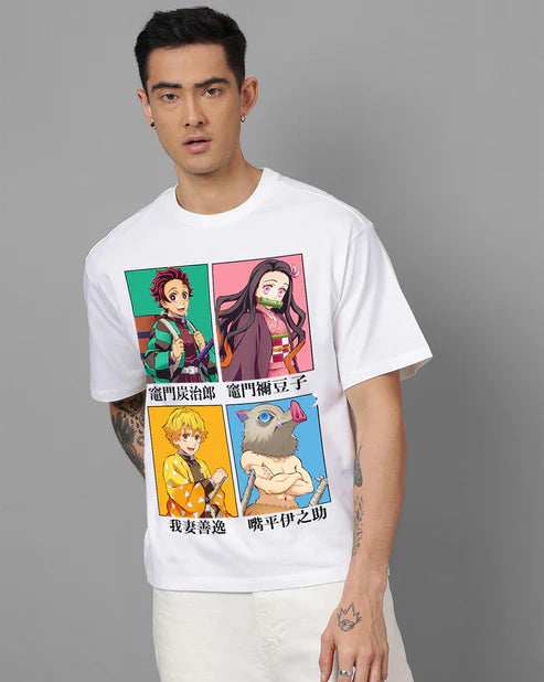 Demon Slayer Oversized T-Shirt – Tanjiro, Nezuko, Zenitsu & Inosuke Anime Graphic Tee (Unisex Cotton White) Venoria