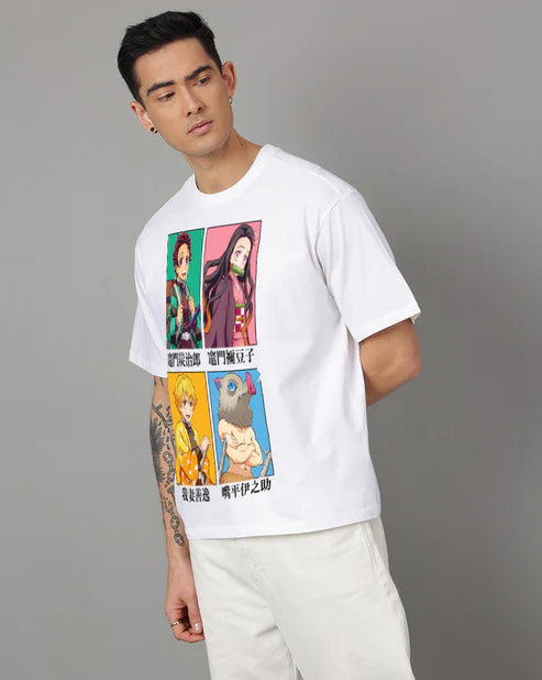 Demon Slayer Oversized T-Shirt – Tanjiro, Nezuko, Zenitsu & Inosuke Anime Graphic Tee (Unisex Cotton White) Venoria