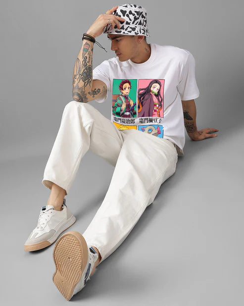 Demon Slayer Oversized T-Shirt – Tanjiro, Nezuko, Zenitsu & Inosuke Anime Graphic Tee (Unisex Cotton White) Venoria