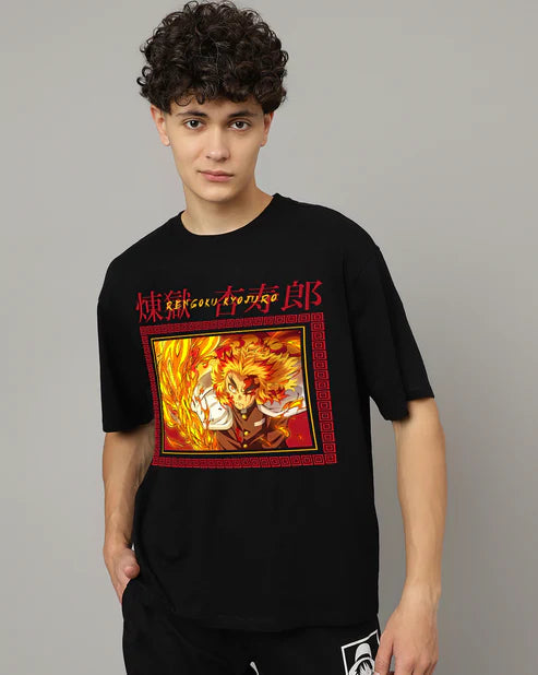 Demon Slayer Rengoku Oversized T-Shirt – Flame Hashira Anime Graphic Tee (Unisex Black Cotton) Venoria