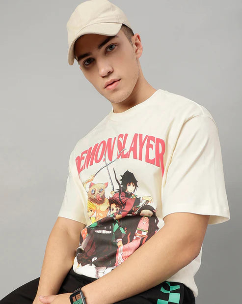 Demon Slayer Group Oversized T-Shirt – Anime Graphic Tee with Tanjiro, Nezuko, Zenitsu & Inosuke (Unisex Cream Cotton) Venoria