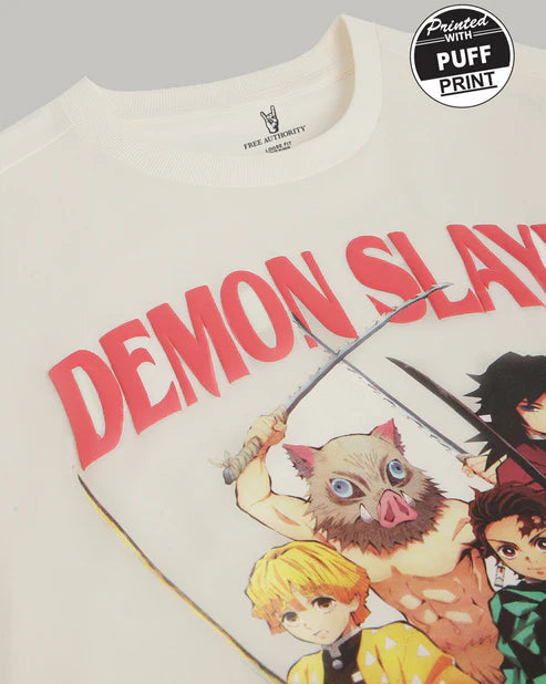 Demon Slayer Group Oversized T-Shirt – Anime Graphic Tee with Tanjiro, Nezuko, Zenitsu & Inosuke (Unisex Cream Cotton) Venoria