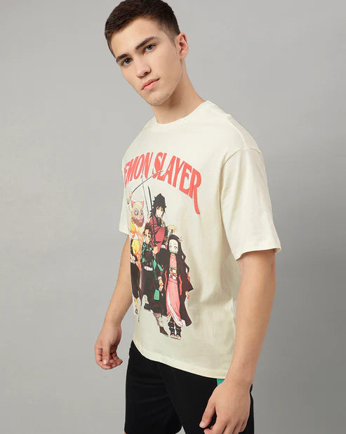 Demon Slayer Group Oversized T-Shirt – Anime Graphic Tee with Tanjiro, Nezuko, Zenitsu & Inosuke (Unisex Cream Cotton) Venoria