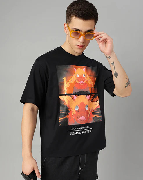 Demon Slayer Inosuke Oversized T-Shirt – Anime Graphic Tee (Unisex Black Cotton) Venoria