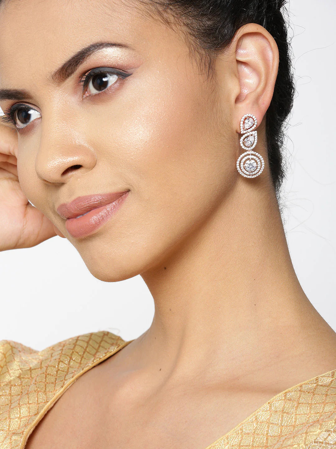 Luxury Halo Drop Earrings with Sparkling Cubic Zirconia in Dual-Tone Finish - Venoria