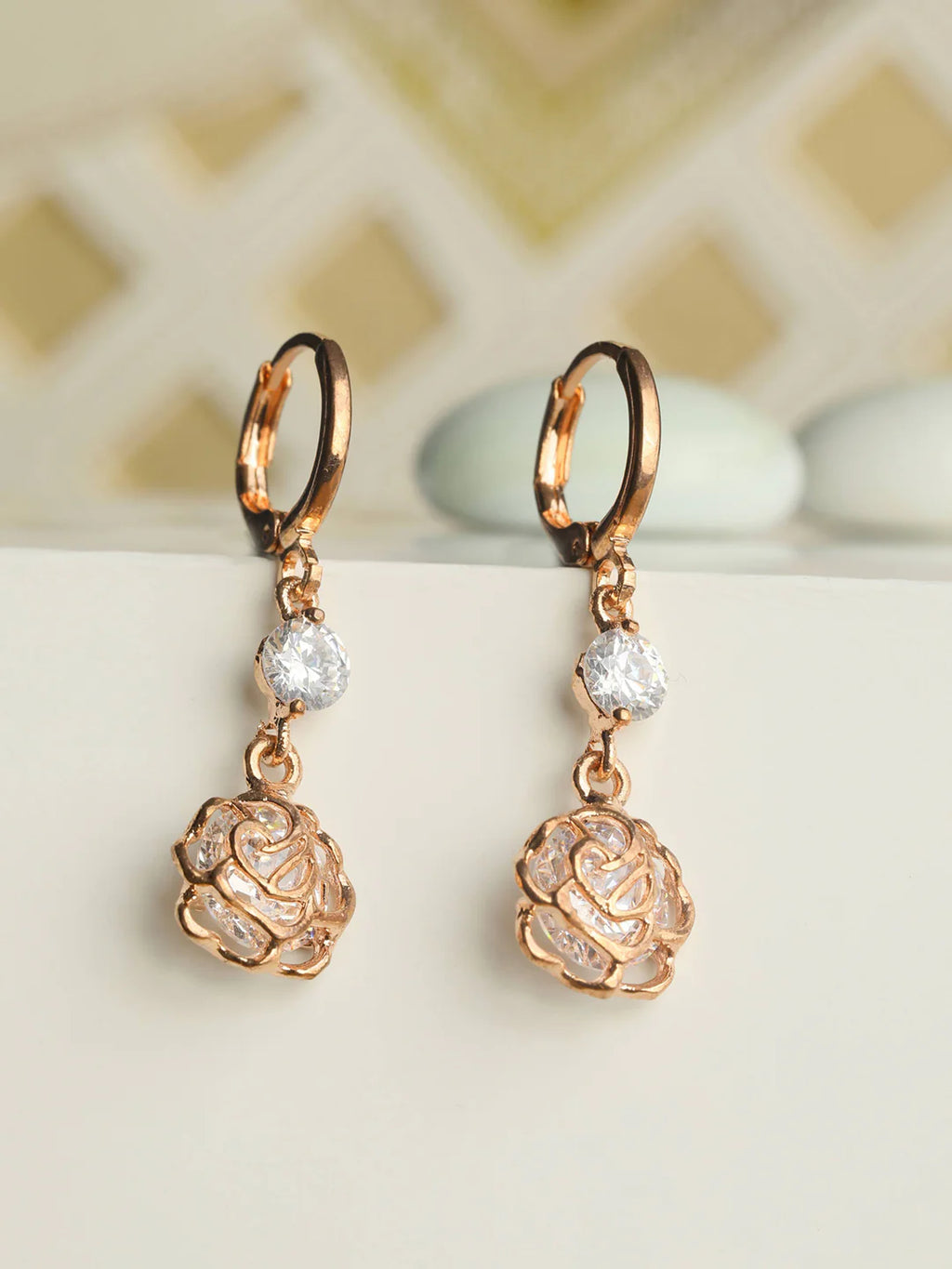 Rose Gold Floral Drop Earrings with Sparkling Stone Accents - Venoria