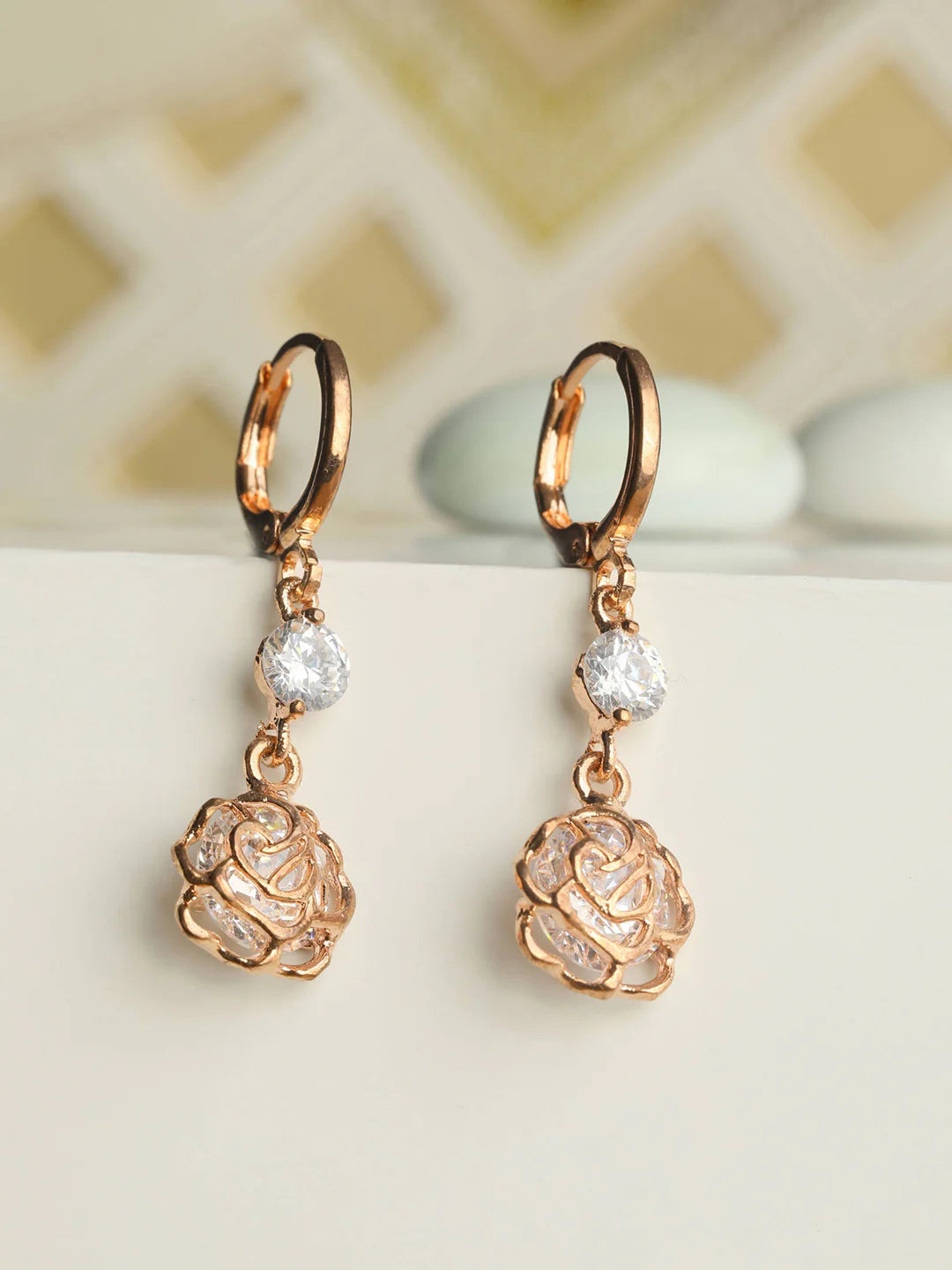 Rose Gold Floral Drop Earrings with Sparkling Stone Accents - Venoria