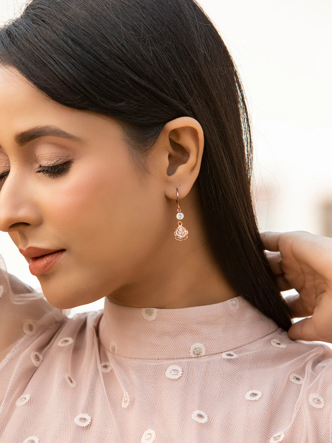 Rose Gold Floral Drop Earrings with Sparkling Stone Accents - Venoria