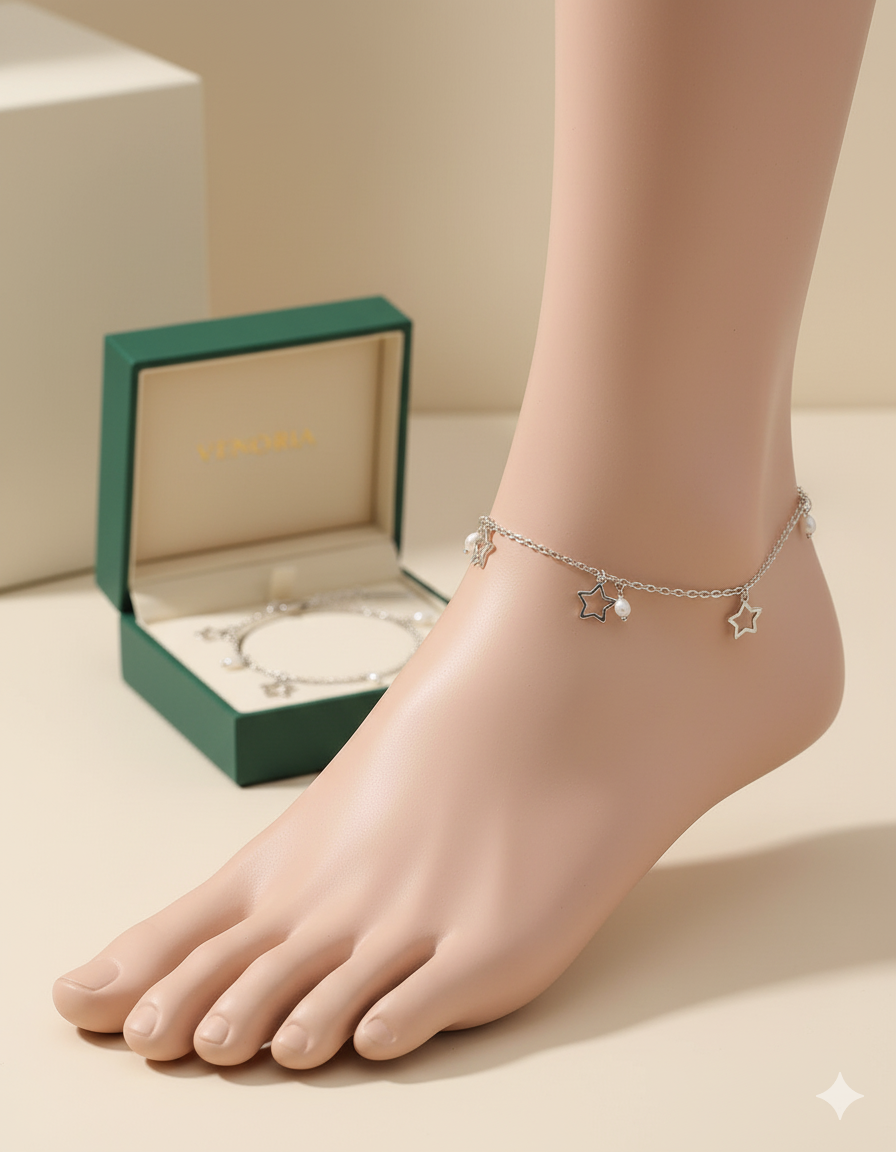 Silver-Plated Star & Pearl Charm Anklet - Venoria