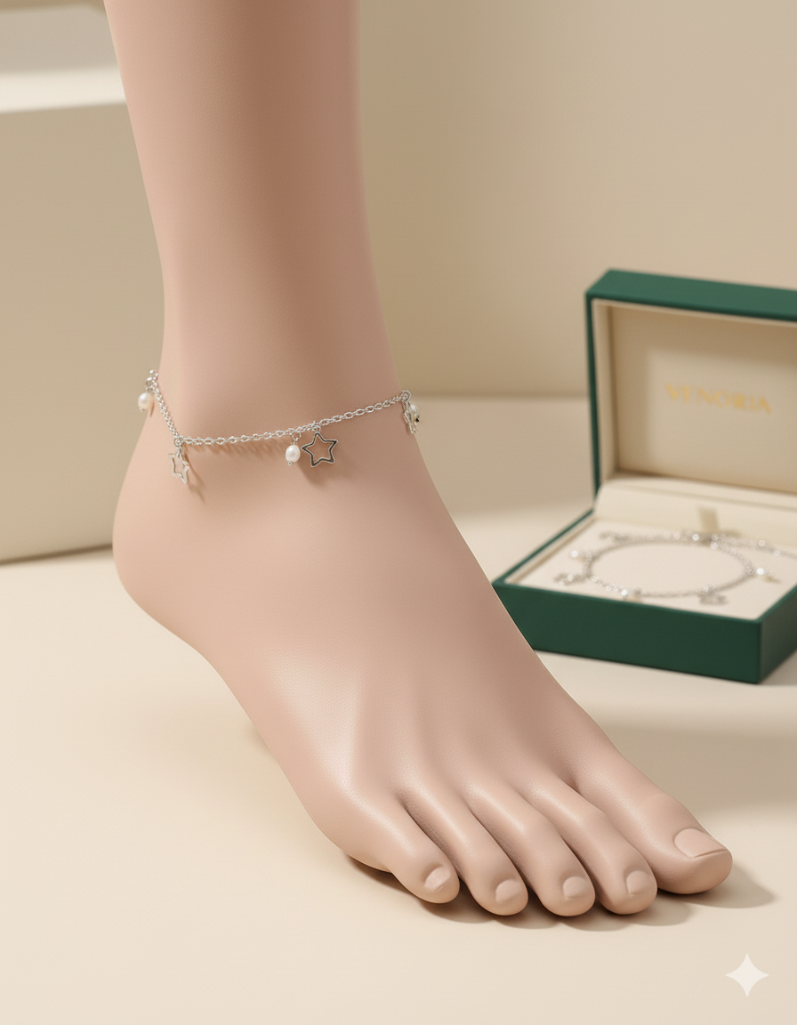 Silver-Plated Star & Pearl Charm Anklet - Venoria