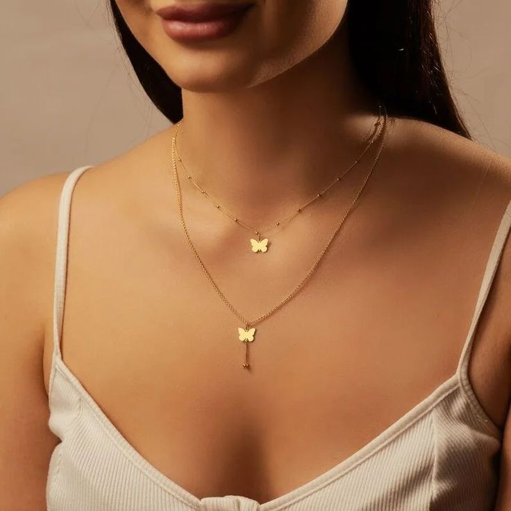 Dainty Layered Butterfly Gold Necklace Set - Venoria