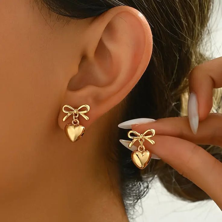 Golden Bow & Heart Drop Earrings   Cute & Elegant Statement Jewelry - Venoria