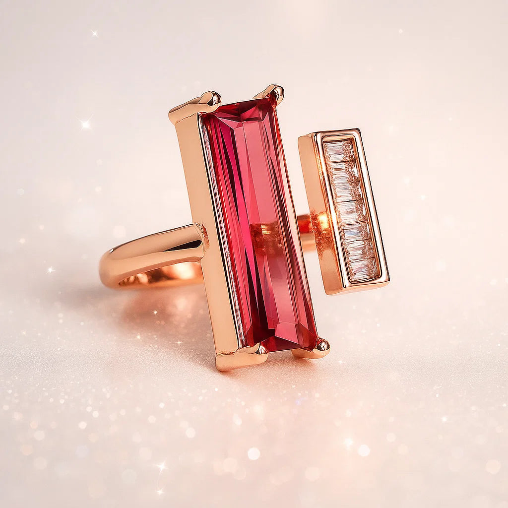 Aurora Ruby Bar Ring – Rose Gold with Baguette Diamonds - Venoria