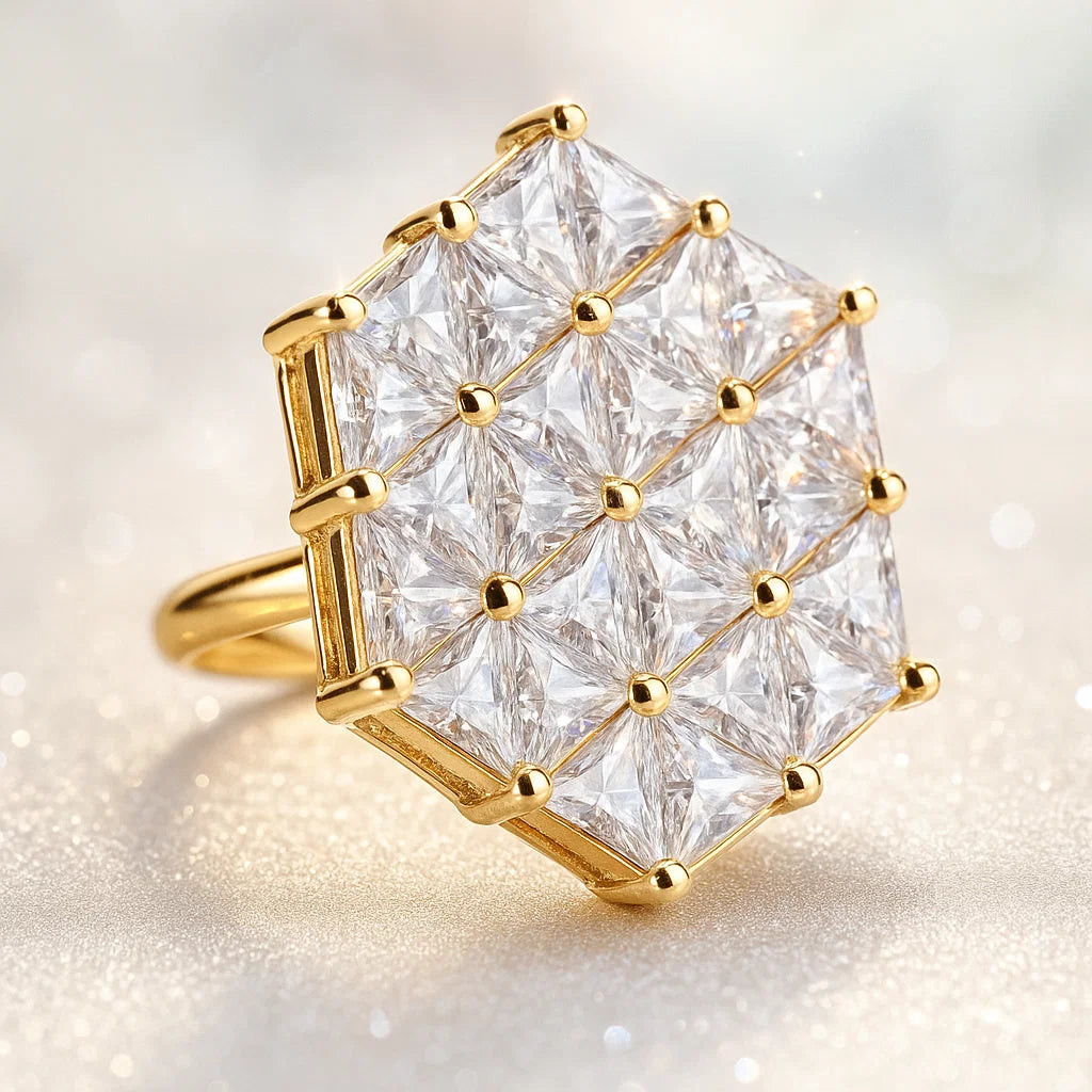 Celeste Hexagon Diamond Cluster Ring – Gold Statement Piece - Venoria