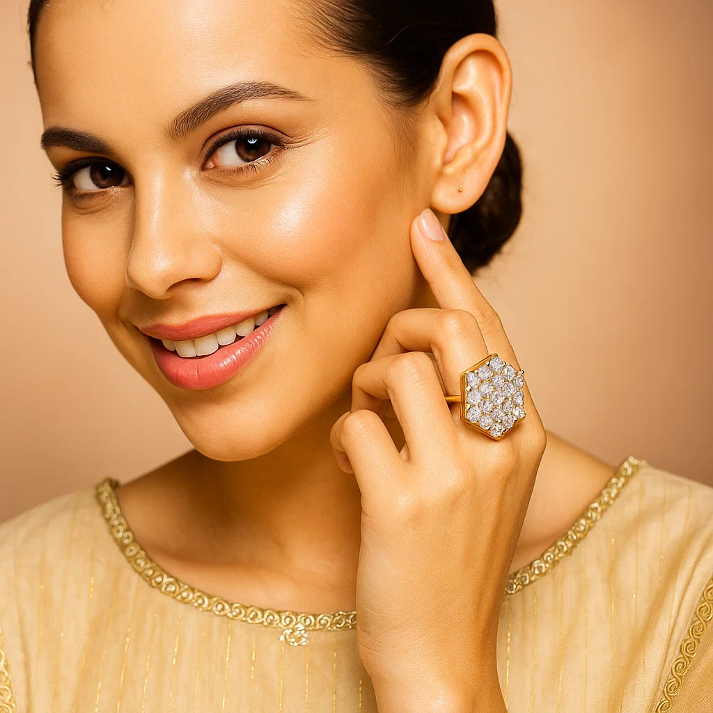 Celeste Hexagon Diamond Cluster Ring – Gold Statement Piece - Venoria