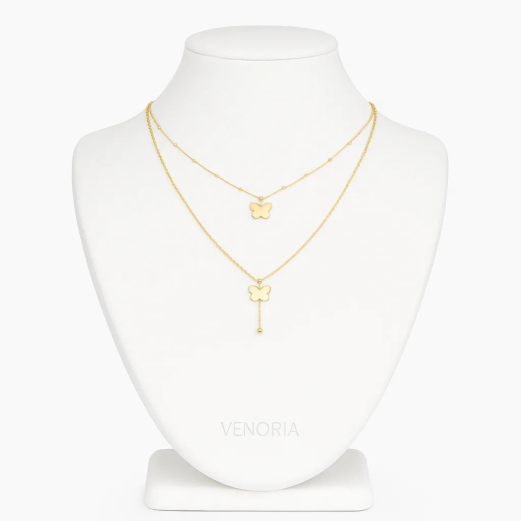 Dainty Layered Butterfly Gold Necklace Set - Venoria