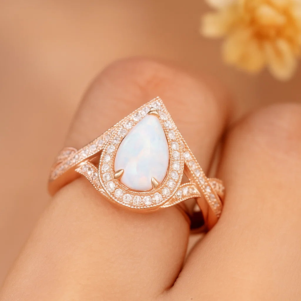 Enchanting Pear Opal & Diamond Halo Rose Gold Ring (Adjustable Fit) - Venoria
