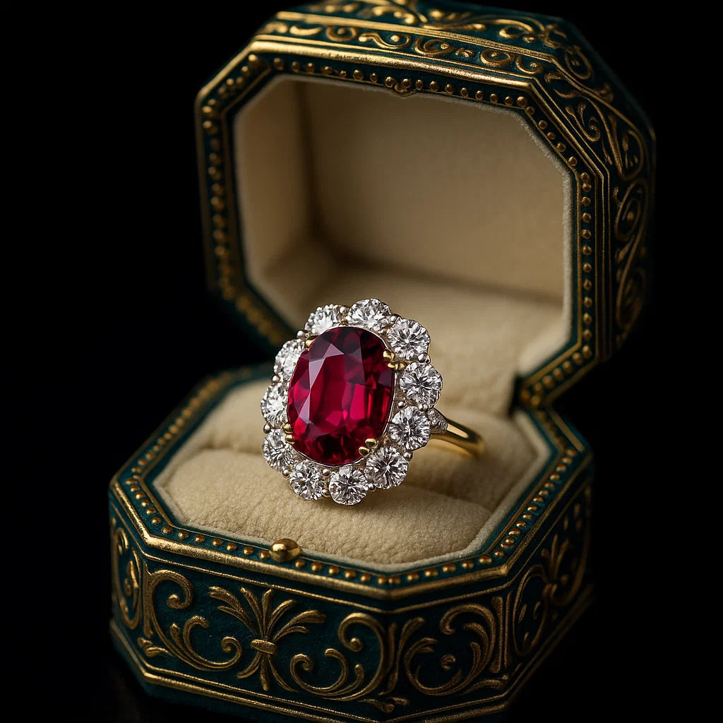 Royal Ruby & Diamond Halo Ring - Venoria