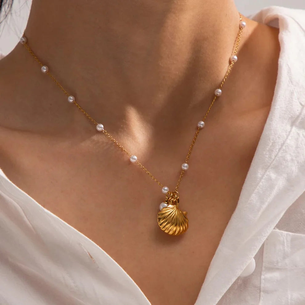 Gold Seashell Pendant Necklace with Pearl Accents - Venoria