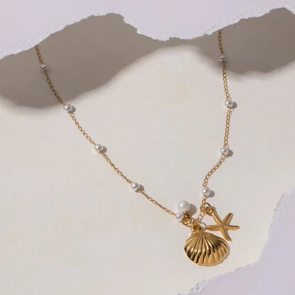 Gold Seashell Pendant Necklace with Pearl Accents - Venoria