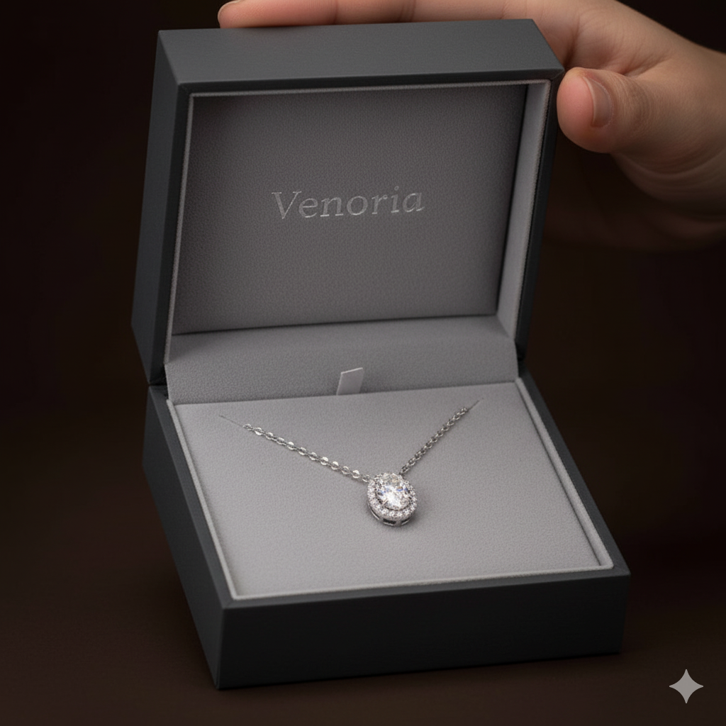 Timeless Oval Cut Diamond Halo Pendant Necklace - Venoria