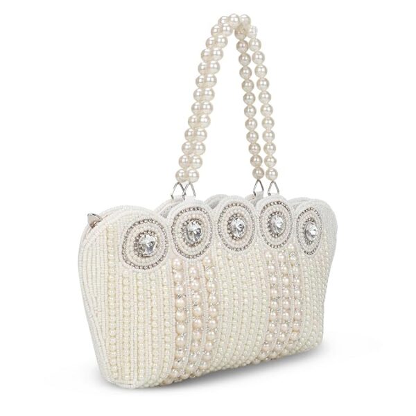 handicraft women's small cutest vintage style pearl tote wrist bag evening clutch purse, white