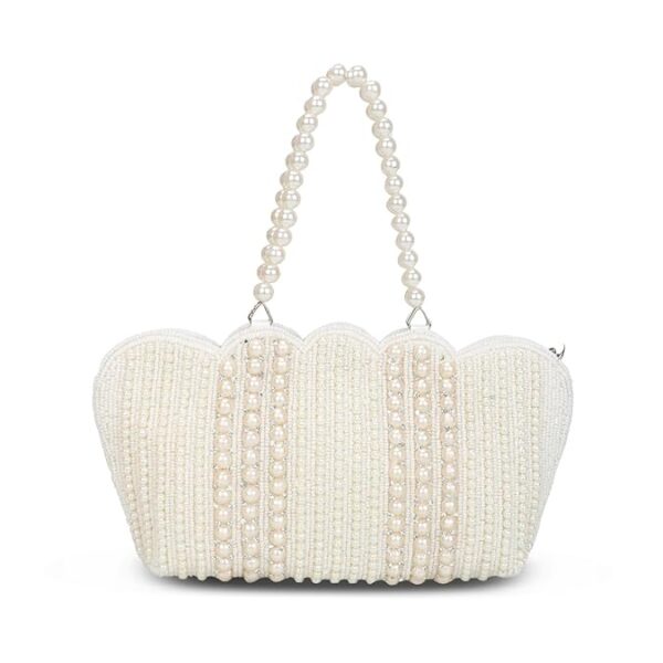 handicraft women's small cutest vintage style pearl tote wrist bag evening clutch purse, white