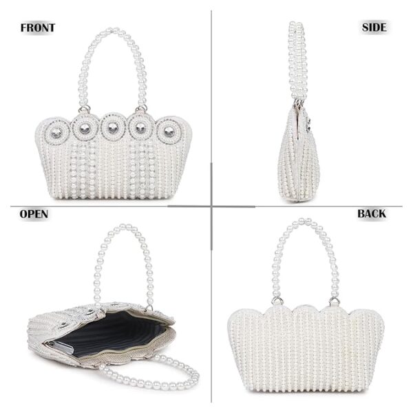 handicraft women's small cutest vintage style pearl tote wrist bag evening clutch purse, white