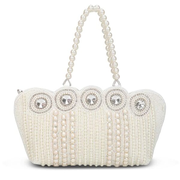 handicraft women's small cutest vintage style pearl tote wrist bag evening clutch purse, white