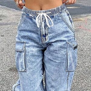 mid rise cargo jeans women elastic waist stretch wide leg denim pants with pockets baggy streetwear pants y2k