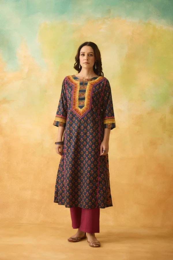 rozana cotton printed kurta dark blue pink