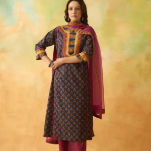 rozana cotton printed kurta dark blue pink