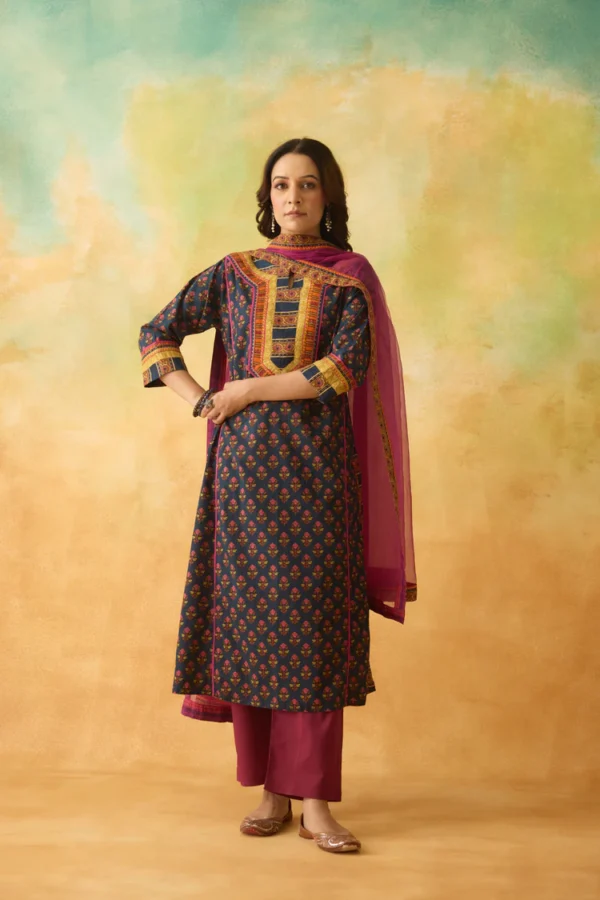 rozana cotton printed kurta dark blue pink