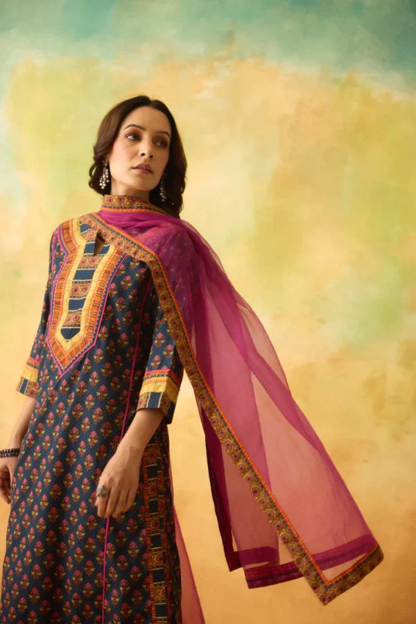 rozana cotton printed kurta dark blue pink