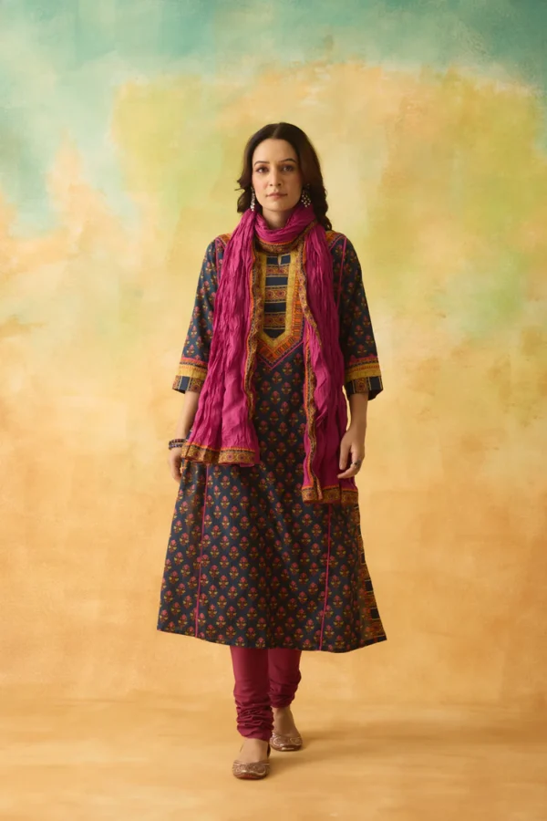 rozana cotton printed kurta dark blue pink