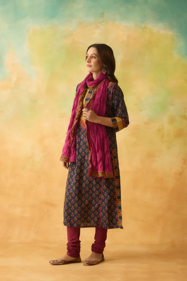 rozana cotton printed kurta dark blue pink