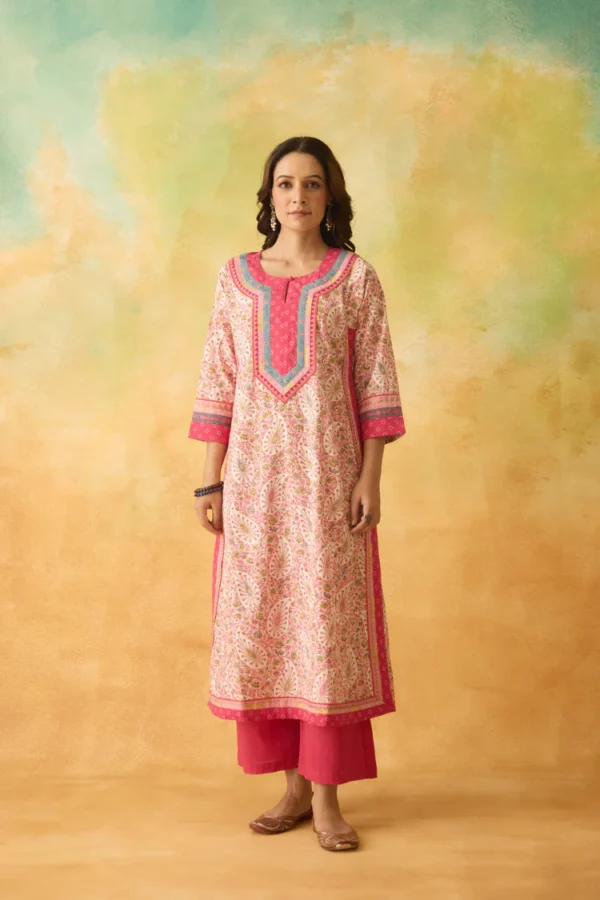 anu cotton slub printed kurta white pink