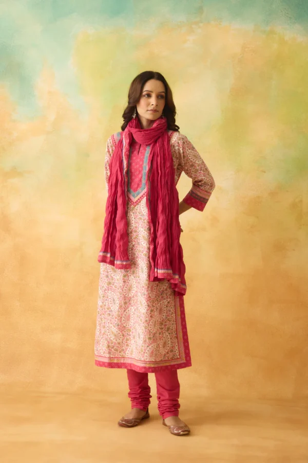 anu cotton slub printed kurta white pink