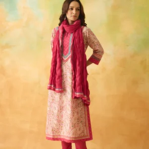 anu cotton slub printed kurta white pink