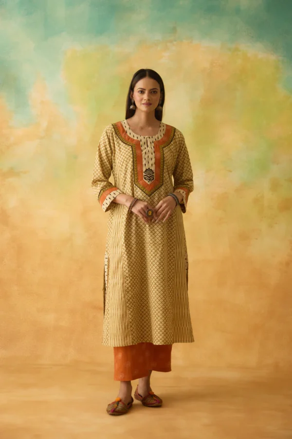 adya cotton hand block printed kurta beige