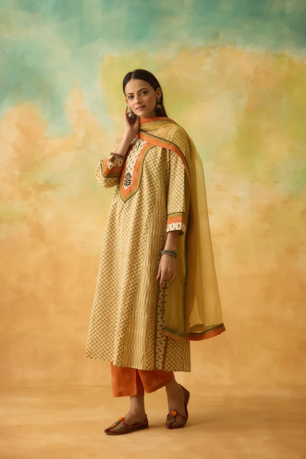 adya cotton hand block printed kurta beige